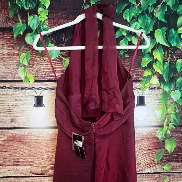 BCBG Max Azria Halter 100% Silk Chiffon Crimson Red Midi Dress Size 10 Low VNeck - Picture 7 of 9